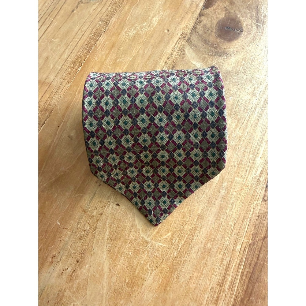 Calvin Klein Necktie Mens Burgundy Olive Green Geometric Diamond Silk Tie